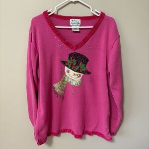 Snowman Christmas Sweater Pink Sparkles Ramie and Cotton XL